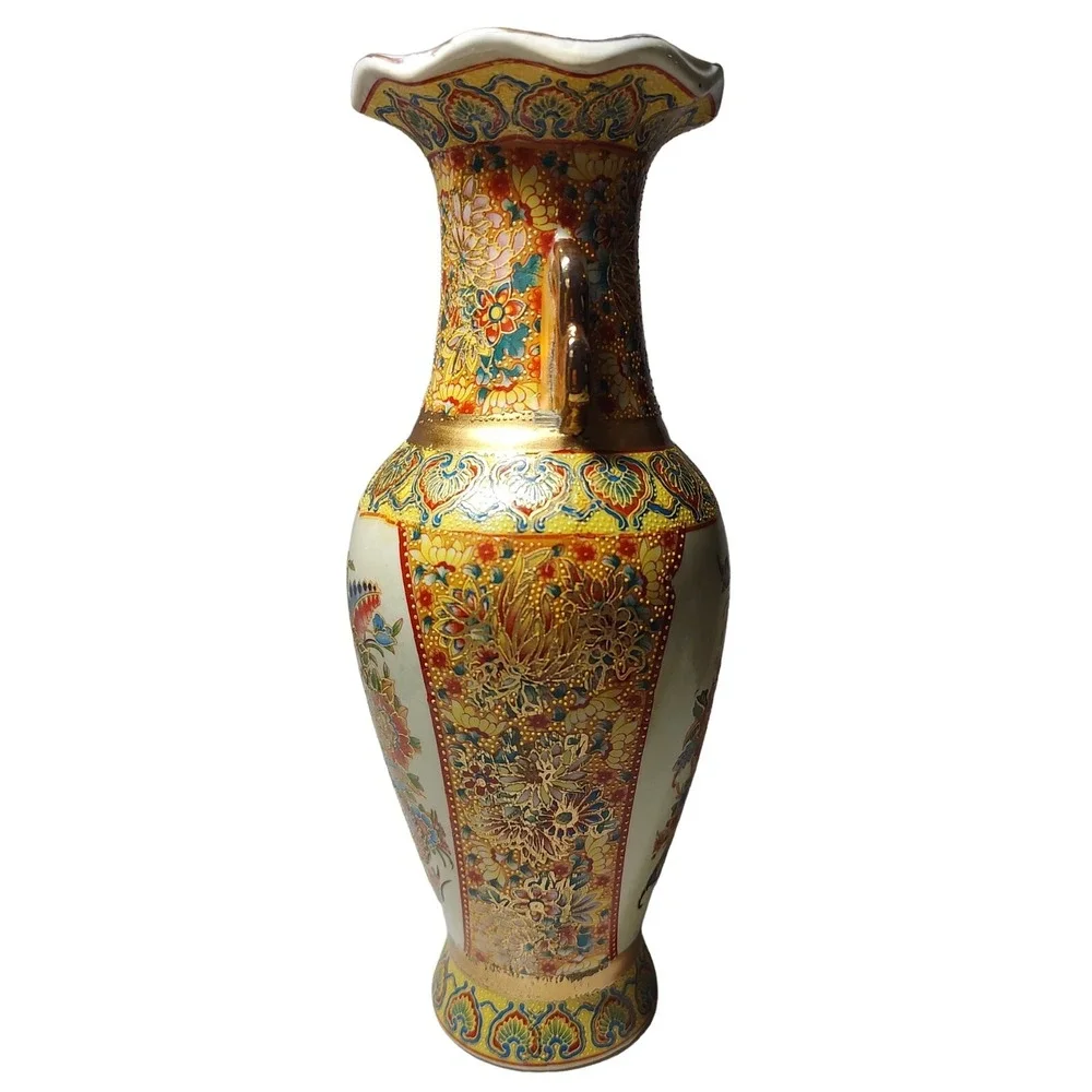 Vintage‎ Japanese Floral Porcelain Vase in Satsuma Style with Detailed Moriage